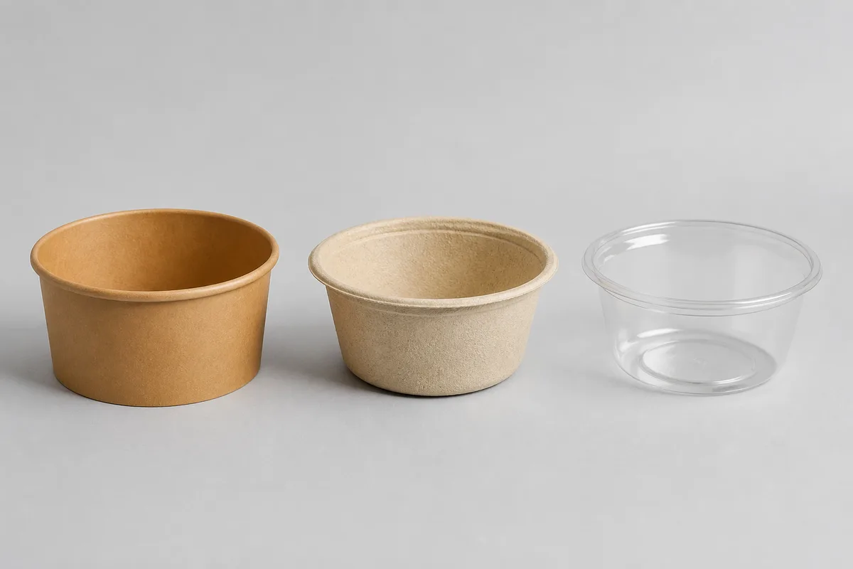 Bols en carton kraft, en fibre moulée brute et en plastique transparent alignés sur un fond clair