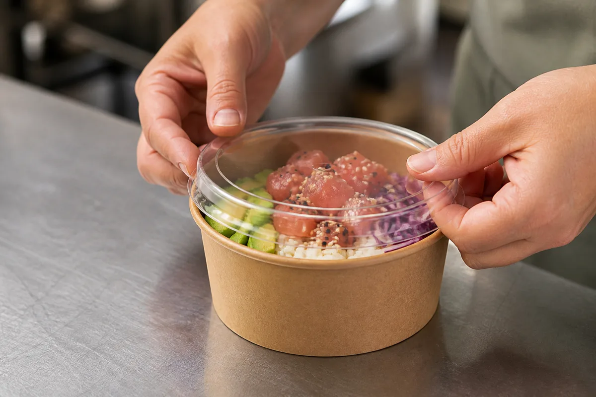 Mains refermant un couvercle transparent sur un bol garni de riz, de poisson et de légumes