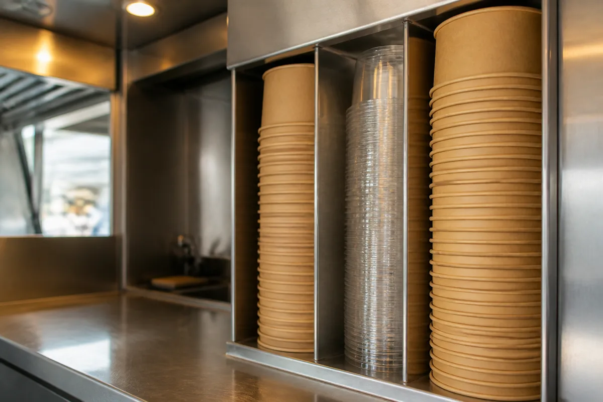 Piles de bols kraft et de couvercles transparents rangées dans un casier inox de camion