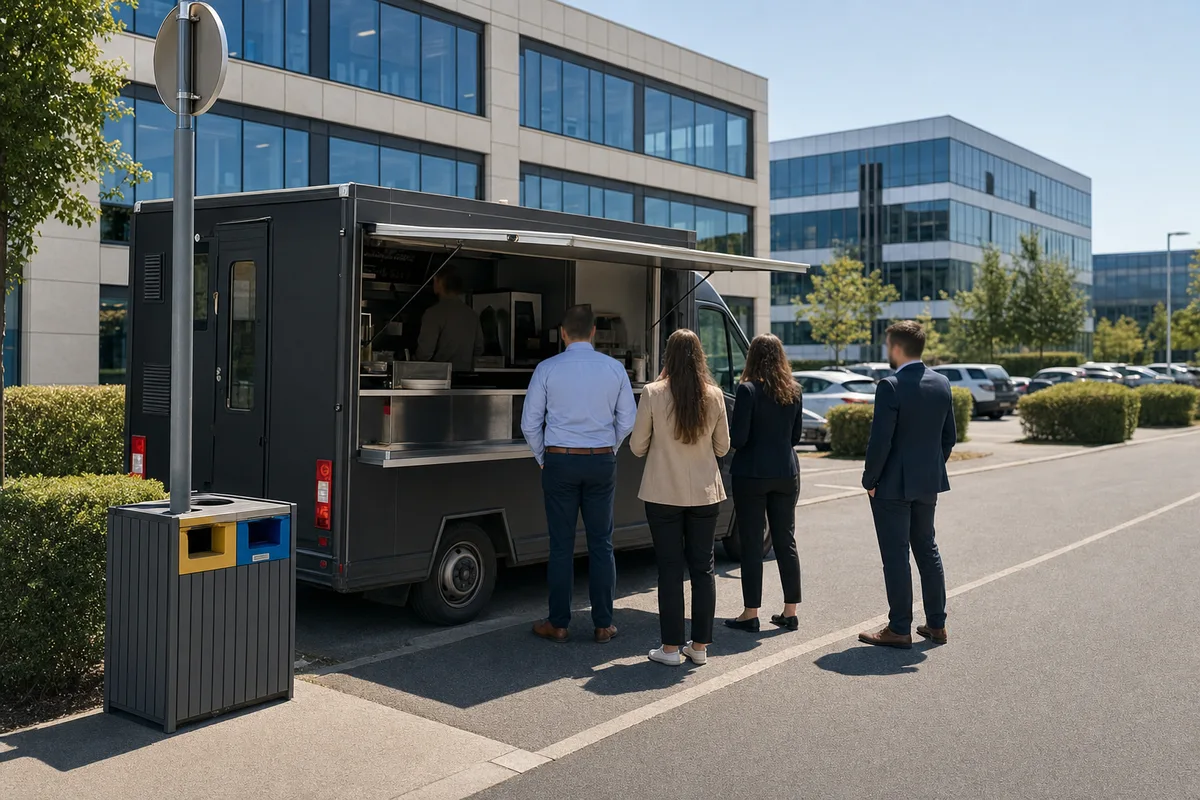 Food truck garé en bordure de zone d’activité à l’heure du déjeuner