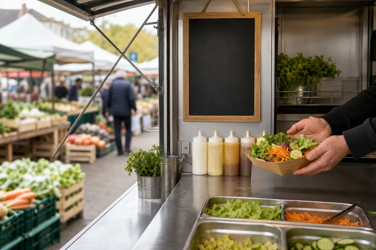 Guichet de food truck ouvert avec file de clients sur une place de marché