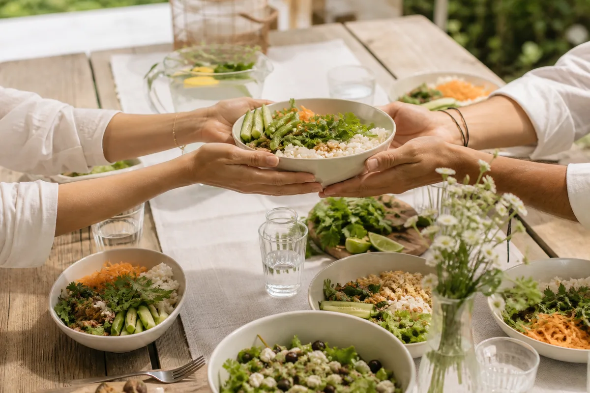 Table de jardin dressée sous une tonnelle claire, assiettes garnies et pichets d’eau