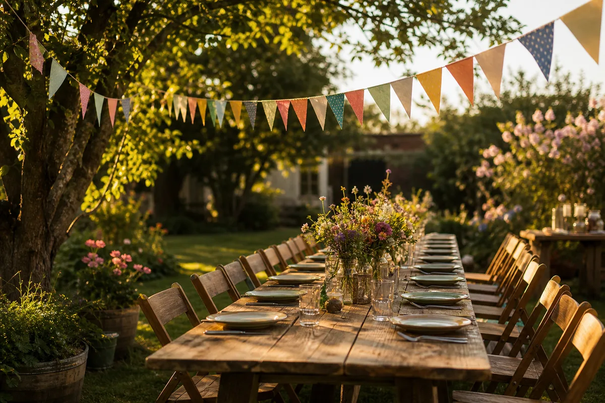 Longue table de jardin dressée pour un anniversaire en food truck