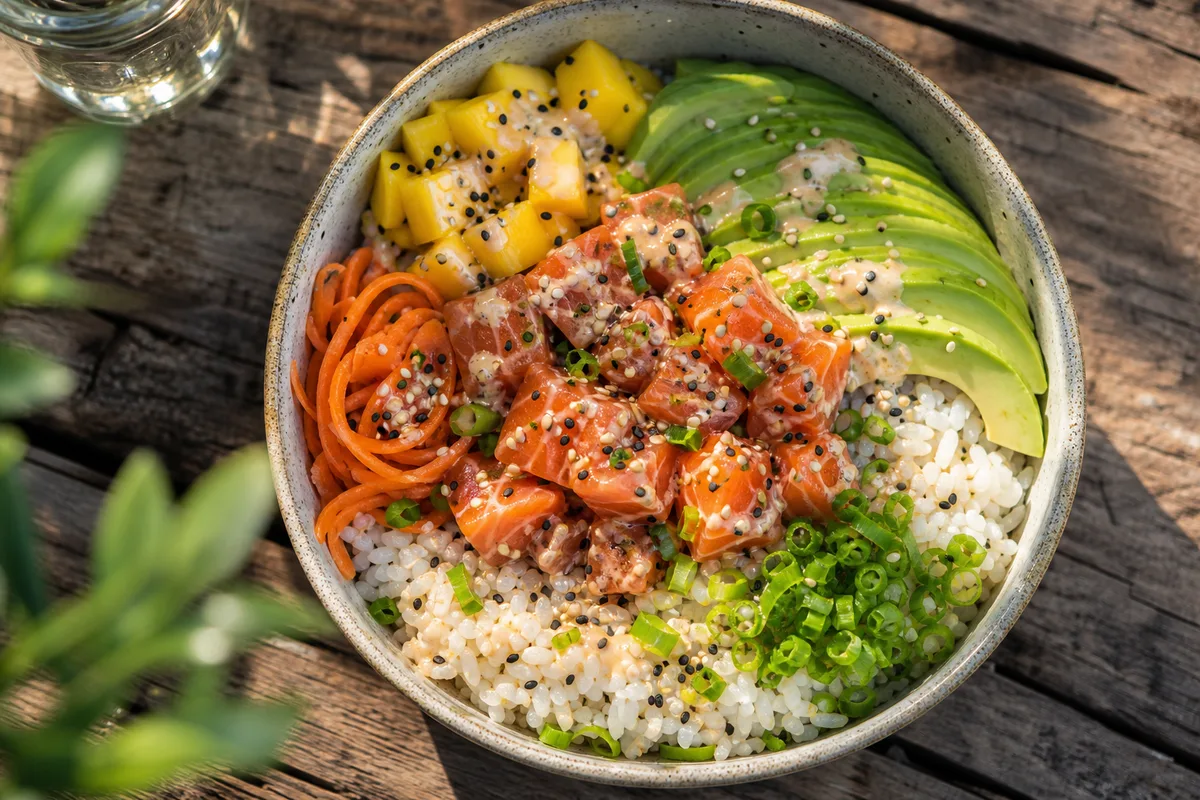 Poke bowl garni servi pour un anniversaire en food truck