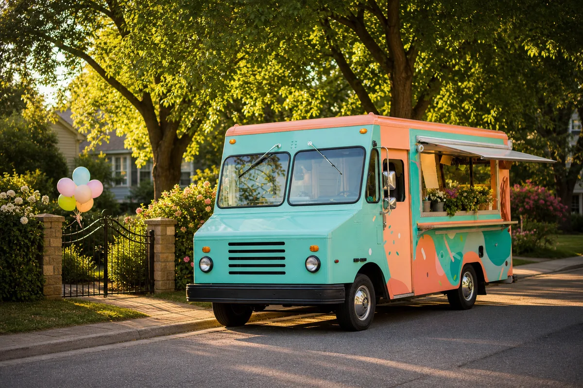 Food truck garé dans une rue résidentielle, prêt pour la fête