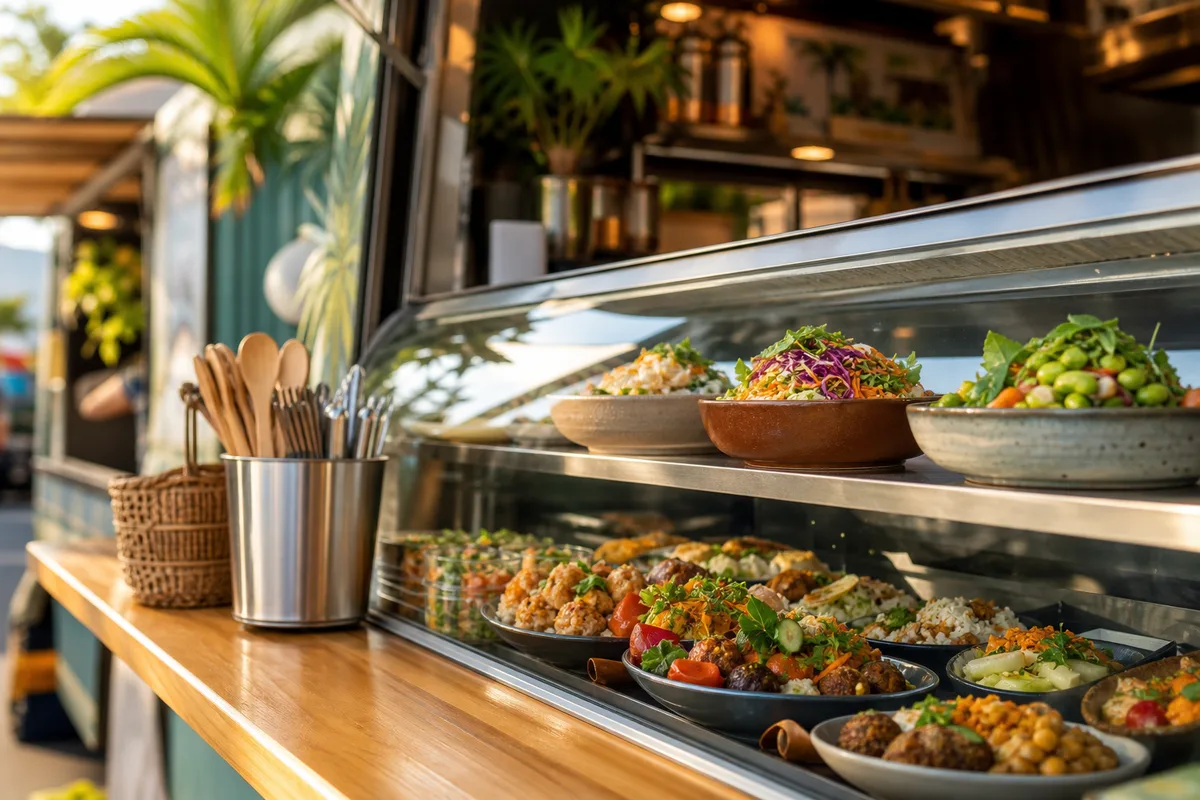Food truck à l&rsquo;identité visuelle marquée avec vitrine de spécialités soignée