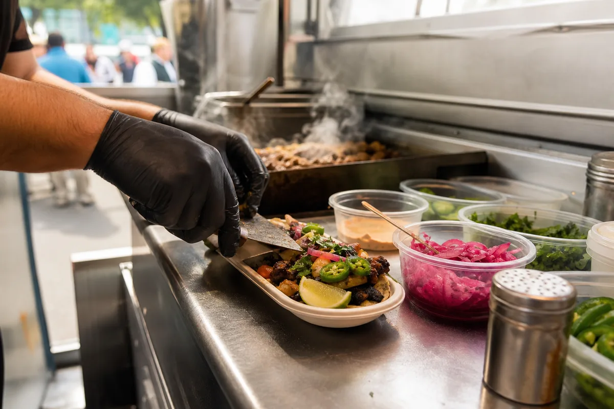 Préparation créative en cuisine ouverte de food truck avec dressage minute visible des clients