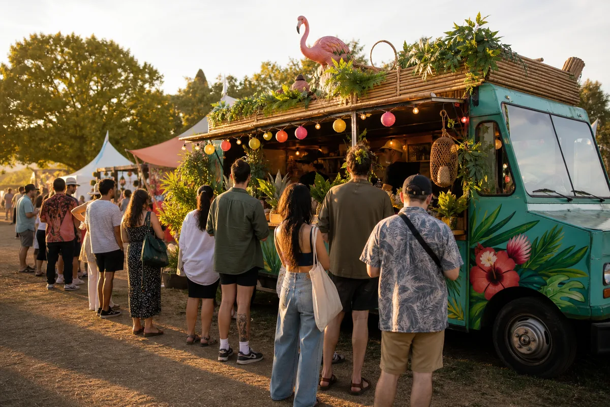 File de clients animée devant un food truck décoré à l&rsquo;identité forte lors d&rsquo;un évènement