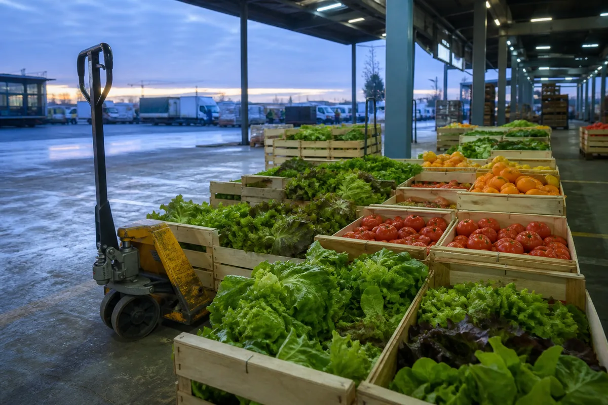 Cageots de fruits et légumes alignés sur un carreau de marché de gros à l’aube