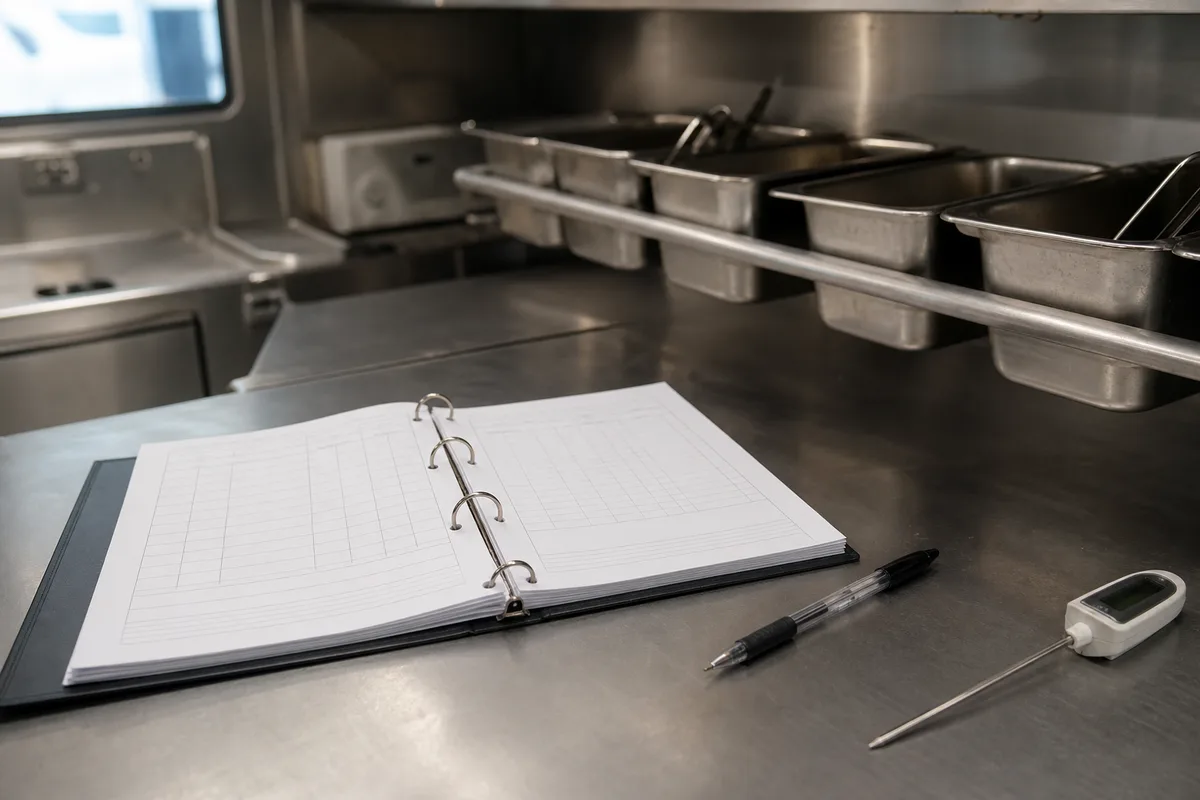 Classeur de suivi sanitaire ouvert sur un plan de travail inox de camion