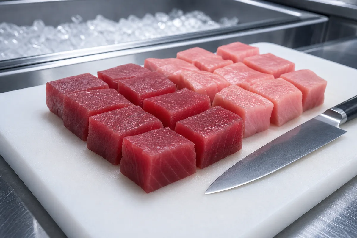 Filets de poisson cru tranchés sur une planche inox dans une cuisine professionnelle