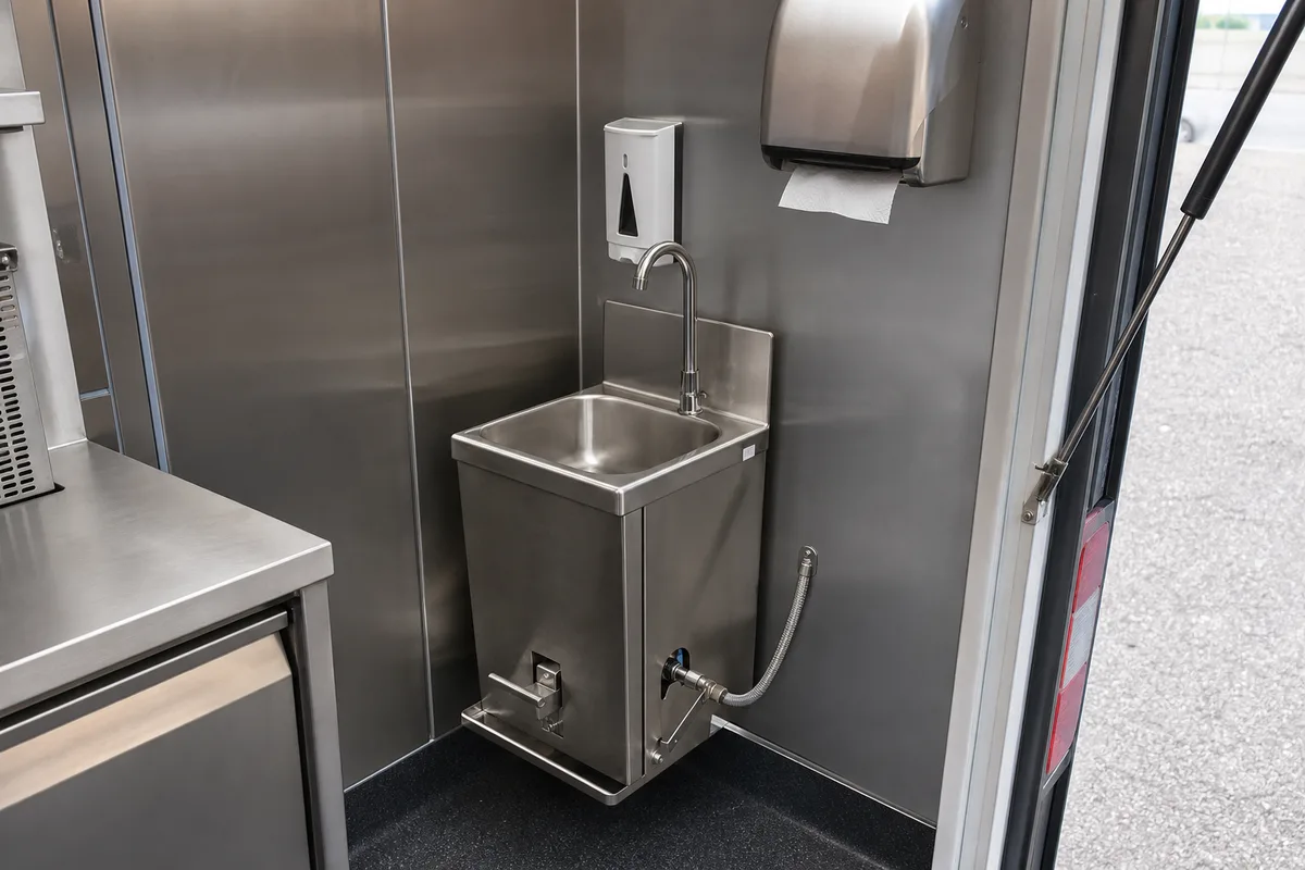 Poste de lavage des mains en inox à bord d’un camion de restauration
