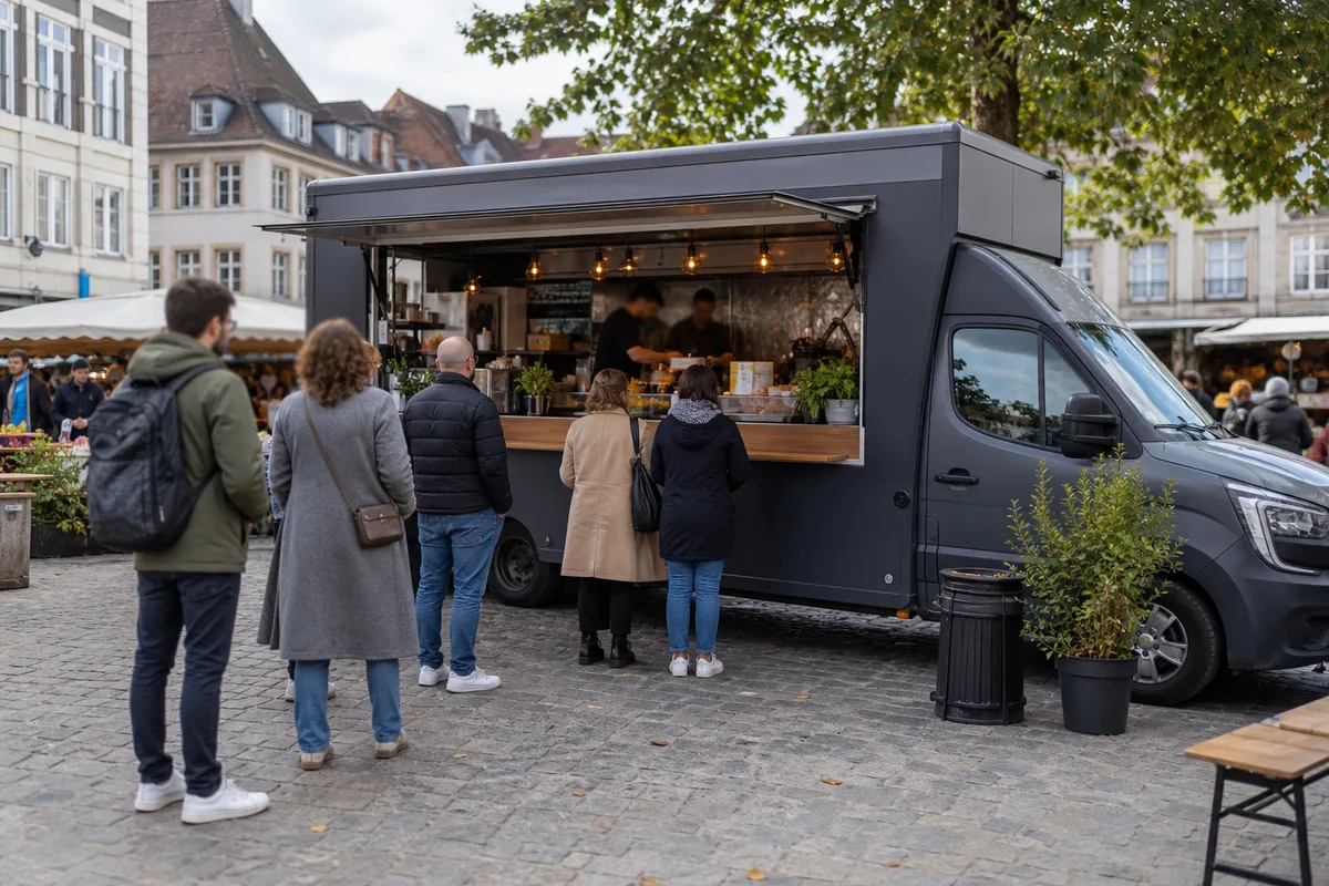 Food truck installé sur une place avec file de clients servis rapidement